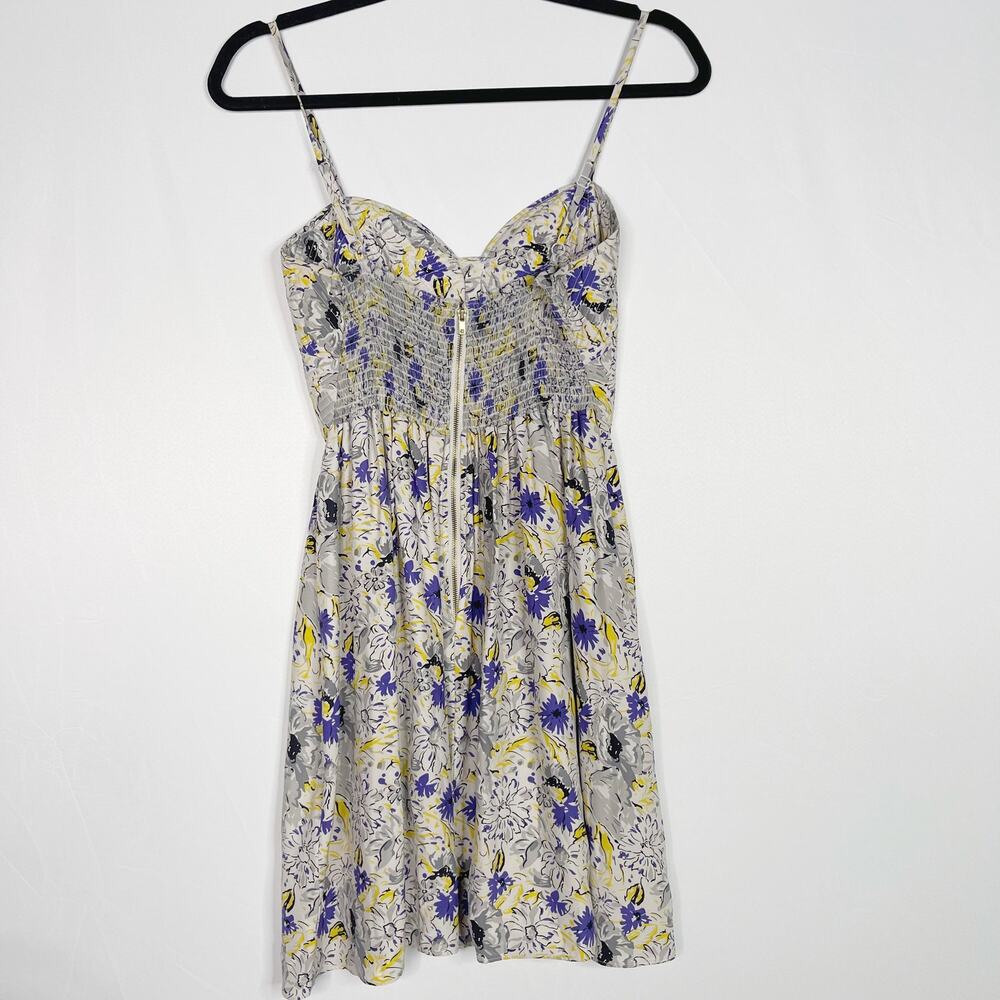 Parker Small S Gray Purple Yellow Silk Floral Dress Sweetheart Neckline Zip Back - Picture 2 of 12